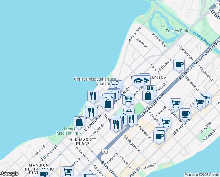 map of restaurants, bars, coffee shops, grocery stores, and more near 410 Castle Place in Madison