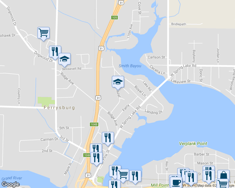 map of restaurants, bars, coffee shops, grocery stores, and more near 17342 Hazel in Spring Lake