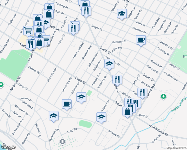 map of restaurants, bars, coffee shops, grocery stores, and more near 1137 Hilton Ave in Utica