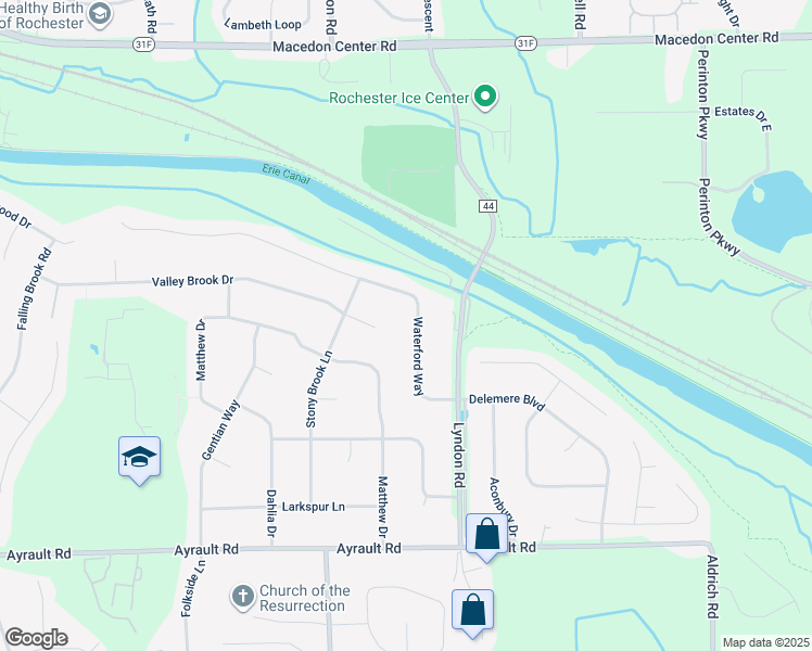 map of restaurants, bars, coffee shops, grocery stores, and more near 31 Waterford Way in Fairport
