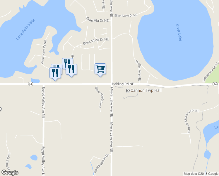 map of restaurants, bars, coffee shops, grocery stores, and more near 6780 Belding Road Northeast in Rockford