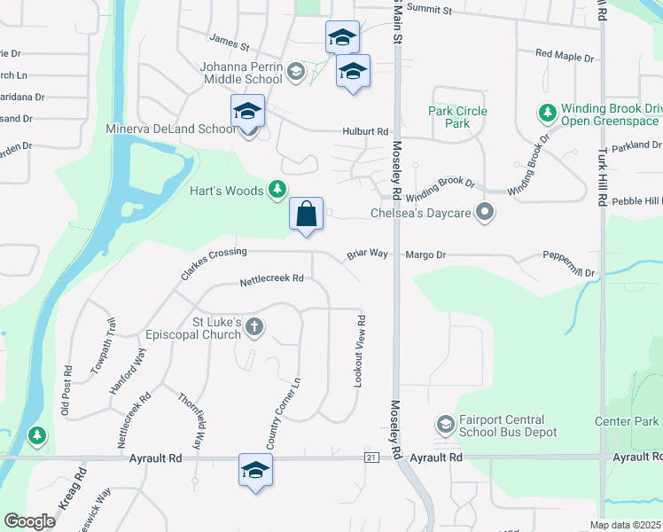 map of restaurants, bars, coffee shops, grocery stores, and more near 73 Clarkes Crossing in Fairport