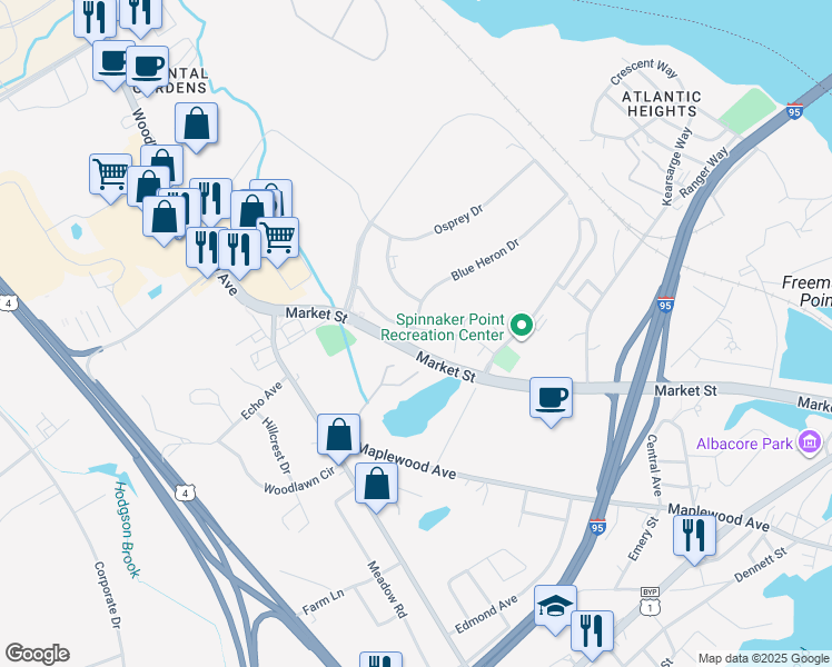 map of restaurants, bars, coffee shops, grocery stores, and more near 15 Shearwater Drive in Portsmouth