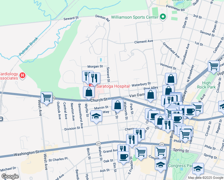 map of restaurants, bars, coffee shops, grocery stores, and more near 6 Seward Street in Saratoga Springs