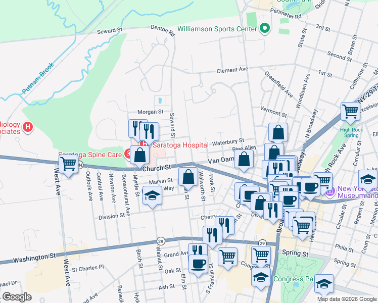 map of restaurants, bars, coffee shops, grocery stores, and more near 6 Seward Street in Saratoga Springs