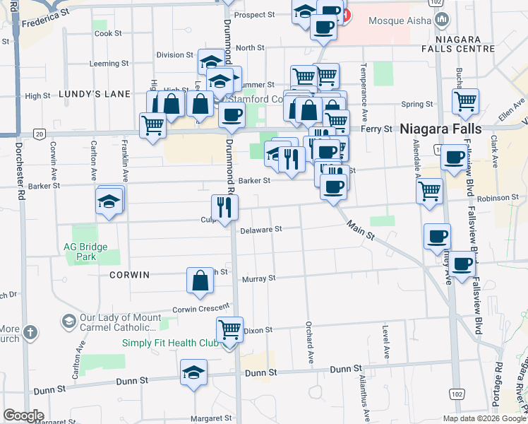 map of restaurants, bars, coffee shops, grocery stores, and more near 6114 Culp Street in Niagara Falls