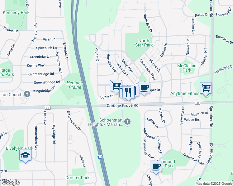 map of restaurants, bars, coffee shops, grocery stores, and more near 826 North Star Drive in Madison