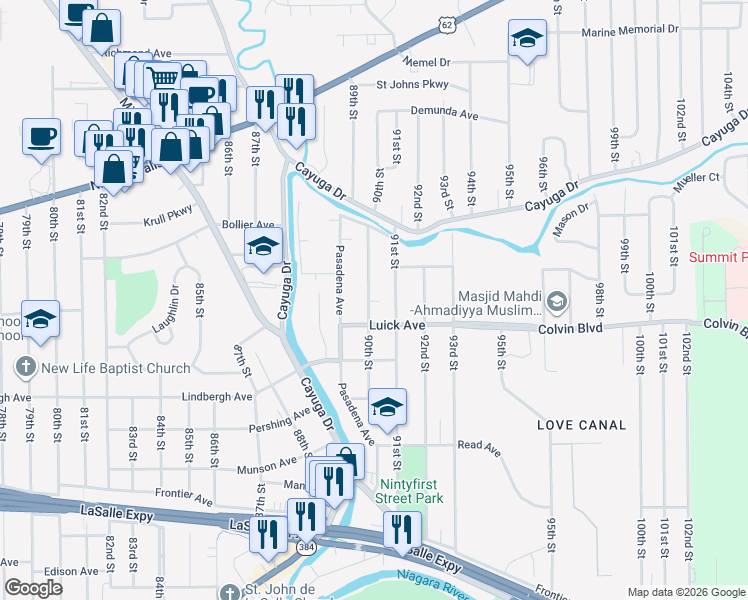 map of restaurants, bars, coffee shops, grocery stores, and more near 1025 90th Street in Niagara Falls