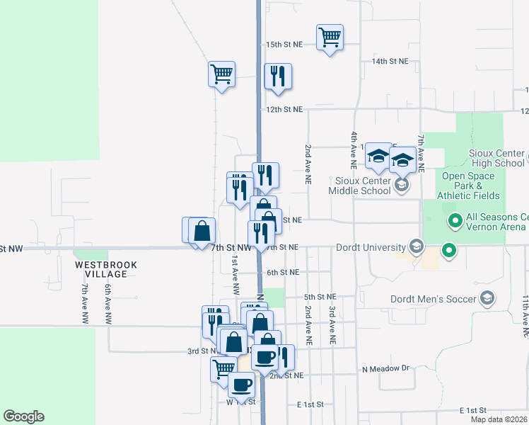 map of restaurants, bars, coffee shops, grocery stores, and more near 806 North Main Avenue in Sioux Center