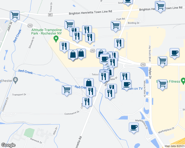 map of restaurants, bars, coffee shops, grocery stores, and more near 198 Telco Road in Rochester