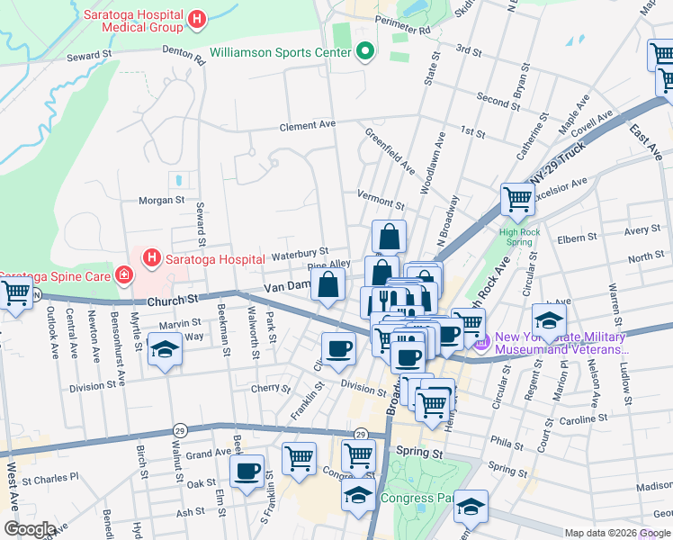 map of restaurants, bars, coffee shops, grocery stores, and more near 73 Van Dam Street in Saratoga Springs