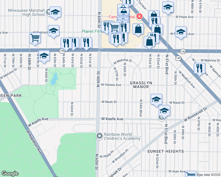 map of restaurants, bars, coffee shops, grocery stores, and more near 3766 North 58th Boulevard in Milwaukee