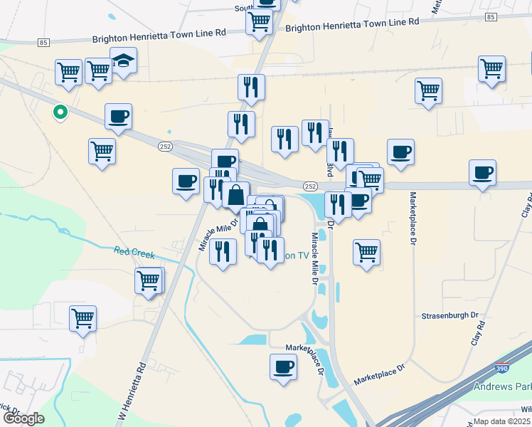 map of restaurants, bars, coffee shops, grocery stores, and more near 25 Miracle Mile Drive in Rochester