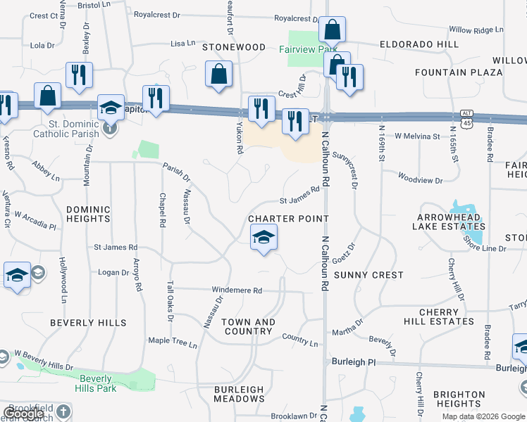 map of restaurants, bars, coffee shops, grocery stores, and more near 3700 Cindy Court in Brookfield
