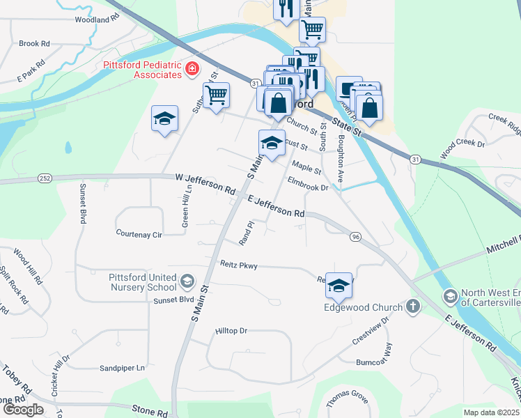map of restaurants, bars, coffee shops, grocery stores, and more near 13 East Jefferson Road in Pittsford