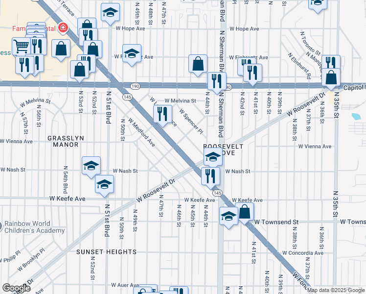 map of restaurants, bars, coffee shops, grocery stores, and more near 4560 W Fond Du Lac Ave in Milwaukee