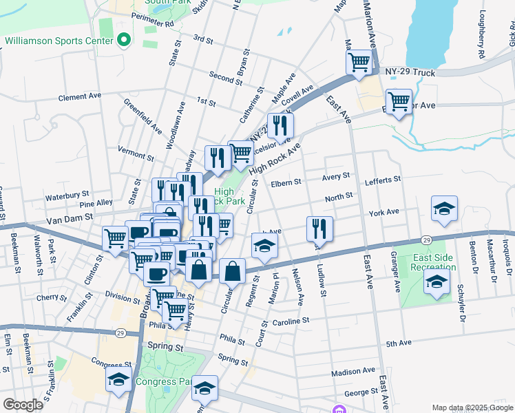 map of restaurants, bars, coffee shops, grocery stores, and more near 199 Circular Street in Saratoga Springs