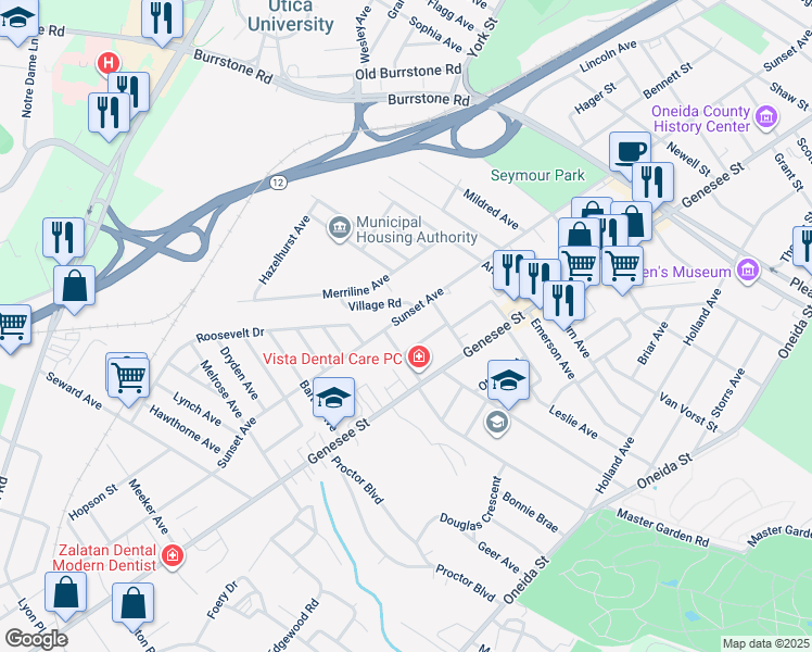 map of restaurants, bars, coffee shops, grocery stores, and more near 2125 Sunset Avenue in Utica