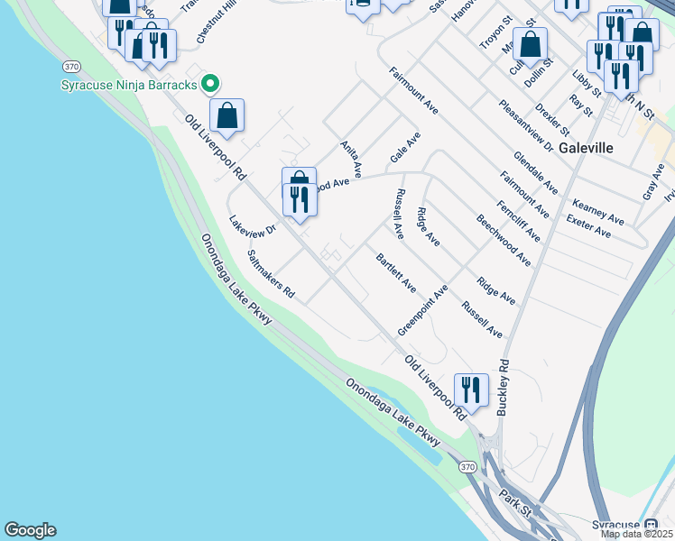 map of restaurants, bars, coffee shops, grocery stores, and more near 300 Old Liverpool Road in Liverpool