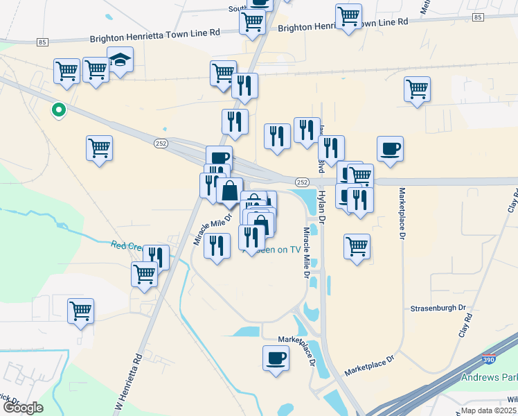 map of restaurants, bars, coffee shops, grocery stores, and more near 25 Miracle Mile Drive in Rochester