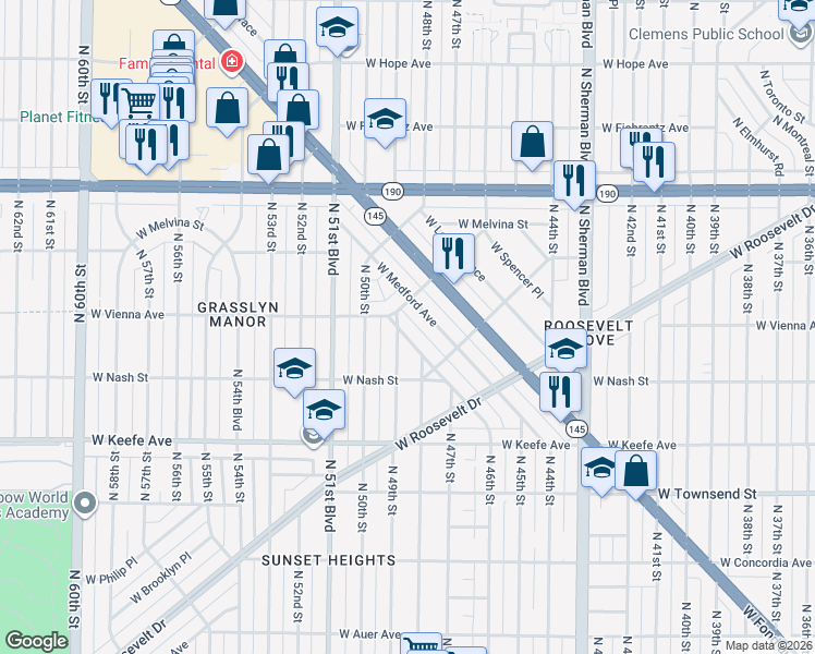 map of restaurants, bars, coffee shops, grocery stores, and more near 3700 North 52nd Street in Milwaukee
