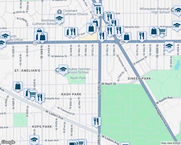 map of restaurants, bars, coffee shops, grocery stores, and more near 3770 North 78th Street in Milwaukee