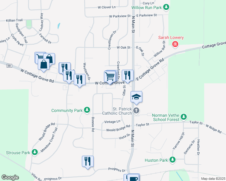 map of restaurants, bars, coffee shops, grocery stores, and more near 443 Bonnie Road in Cottage Grove