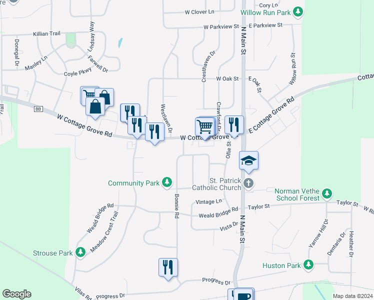 map of restaurants, bars, coffee shops, grocery stores, and more near 469 Uphoff Drive in Cottage Grove