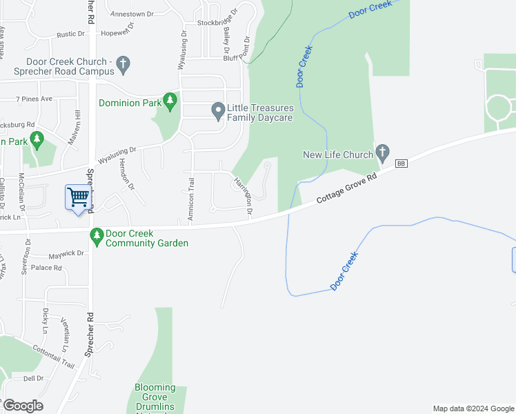 map of restaurants, bars, coffee shops, grocery stores, and more near 7108 Cottage Grove Road in Madison