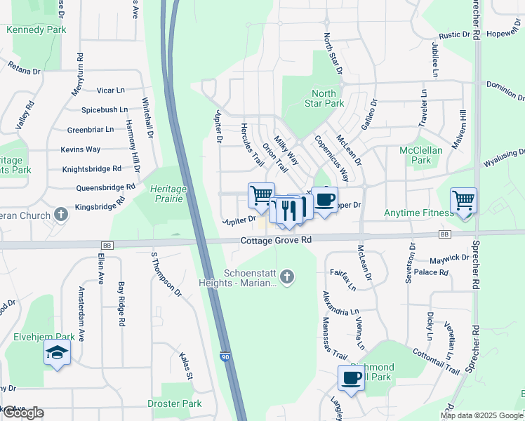 map of restaurants, bars, coffee shops, grocery stores, and more near 826 North Star Drive in Madison
