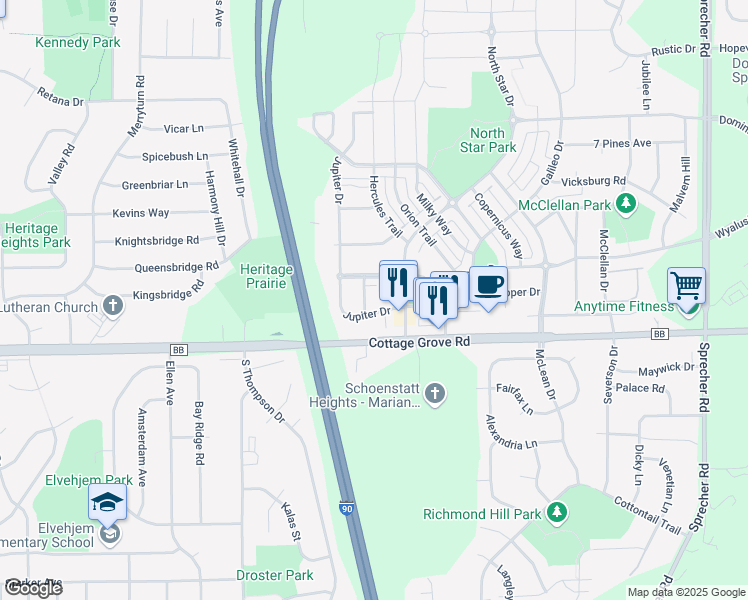 map of restaurants, bars, coffee shops, grocery stores, and more near 825 Jupiter Drive in Madison
