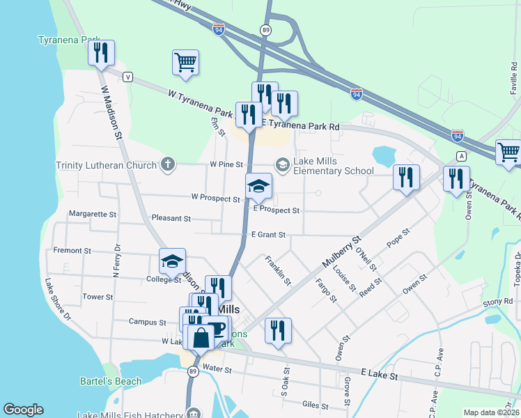 map of restaurants, bars, coffee shops, grocery stores, and more near 706 North Main Street in Lake Mills