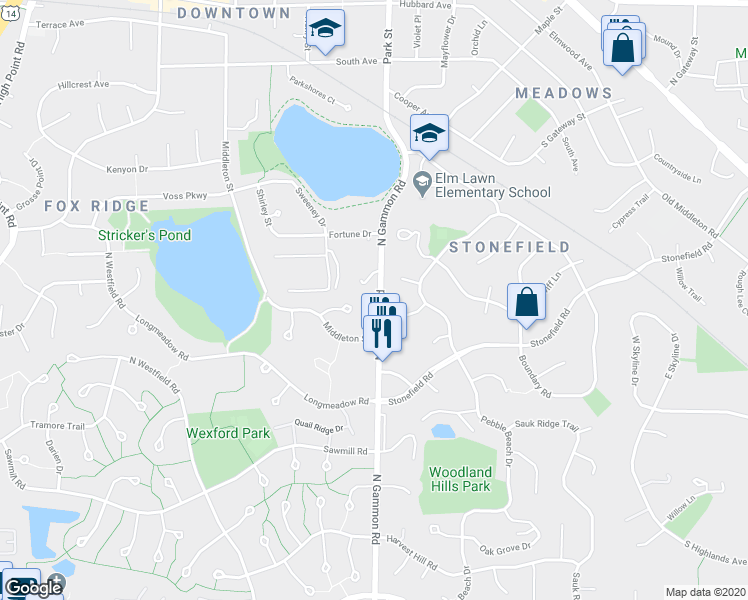 map of restaurants, bars, coffee shops, grocery stores, and more near 1120 North Gammon Road in Madison