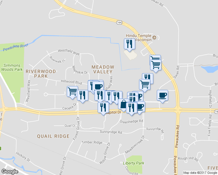 map of restaurants, bars, coffee shops, grocery stores, and more near 659 Westfield Way in Pewaukee