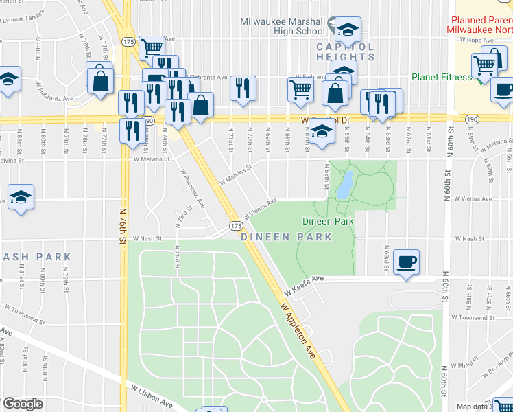 map of restaurants, bars, coffee shops, grocery stores, and more near 6930 West Vienna Avenue in Milwaukee