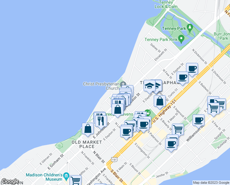 map of restaurants, bars, coffee shops, grocery stores, and more near 429 North Paterson Street in Madison