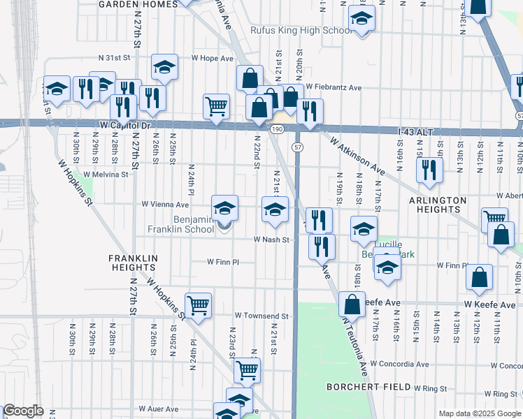 map of restaurants, bars, coffee shops, grocery stores, and more near 3760 North 22nd Street in Milwaukee