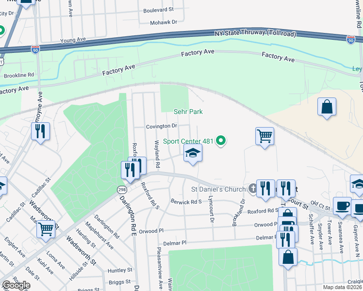 map of restaurants, bars, coffee shops, grocery stores, and more near 110 Marsden Road in Syracuse
