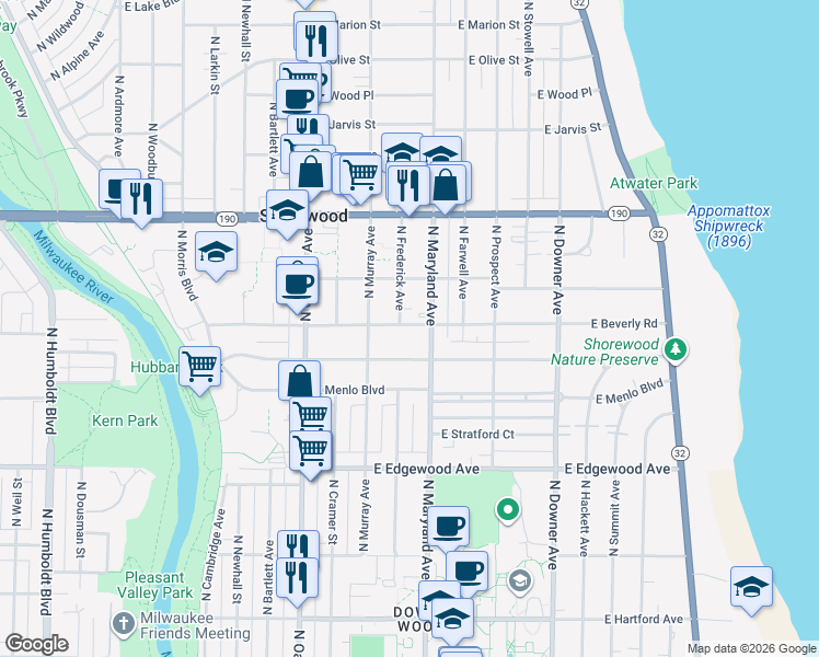 map of restaurants, bars, coffee shops, grocery stores, and more near 2107 East Beverly Road in Shorewood
