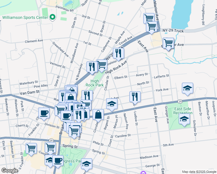 map of restaurants, bars, coffee shops, grocery stores, and more near 199 Circular Street in Saratoga Springs