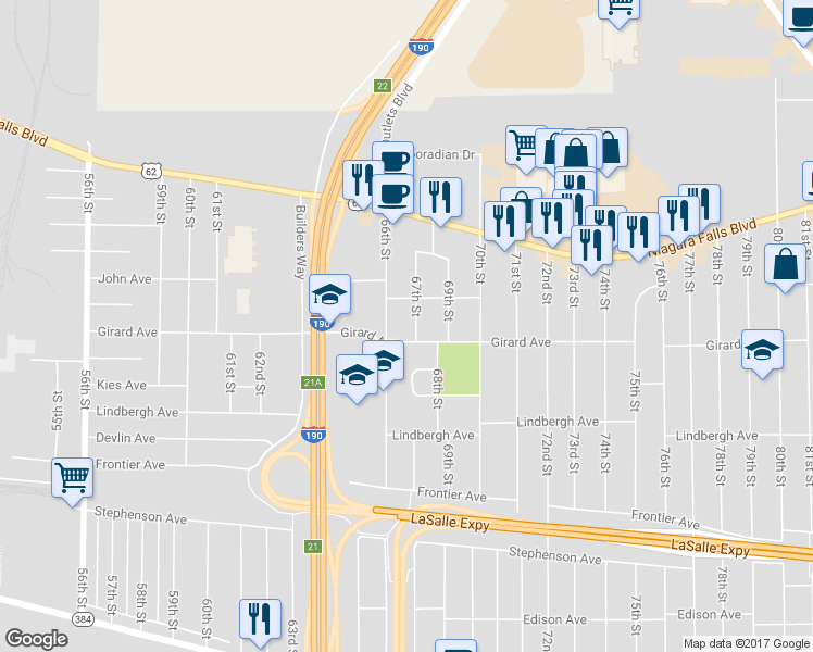 map of restaurants, bars, coffee shops, grocery stores, and more near 614 67th Street in Niagara Falls