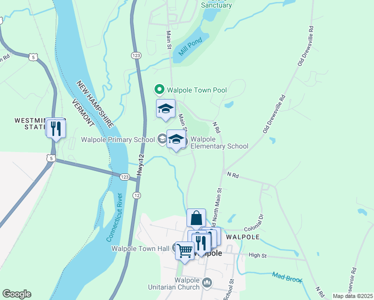 map of restaurants, bars, coffee shops, grocery stores, and more near 8 Bemis Lane in Walpole
