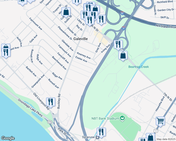 map of restaurants, bars, coffee shops, grocery stores, and more near 209 Dexter Avenue in Liverpool