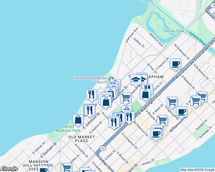 map of restaurants, bars, coffee shops, grocery stores, and more near 429 North Paterson Street in Madison