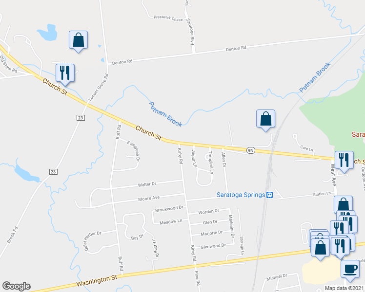 map of restaurants, bars, coffee shops, grocery stores, and more near 2A Kirby Road in Saratoga Springs