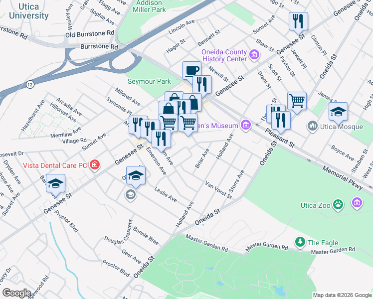 map of restaurants, bars, coffee shops, grocery stores, and more near 1908 Butterfield Avenue in Utica