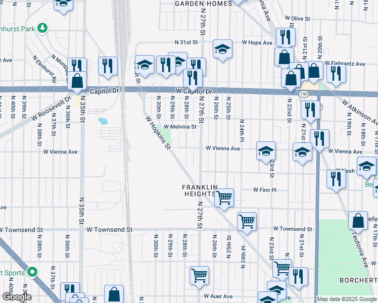 map of restaurants, bars, coffee shops, grocery stores, and more near 3754 North 28th Street in Milwaukee