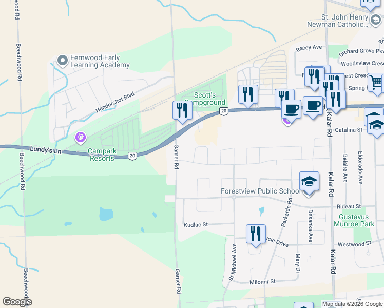 map of restaurants, bars, coffee shops, grocery stores, and more near 6204 Curlin Crescent in Niagara Falls