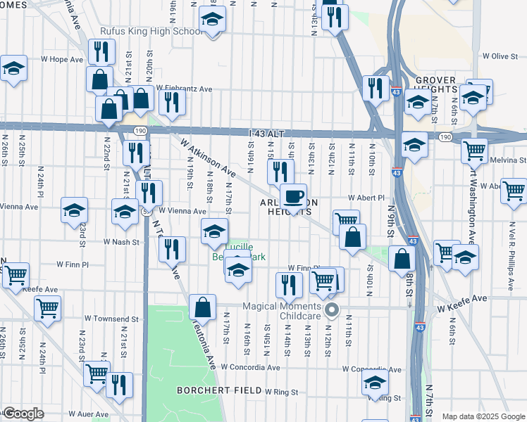 map of restaurants, bars, coffee shops, grocery stores, and more near 3757 North 15th Street in Milwaukee