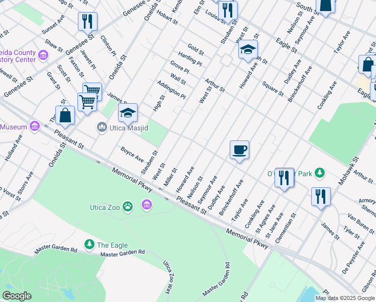 map of restaurants, bars, coffee shops, grocery stores, and more near 1617 Miller Street in Utica